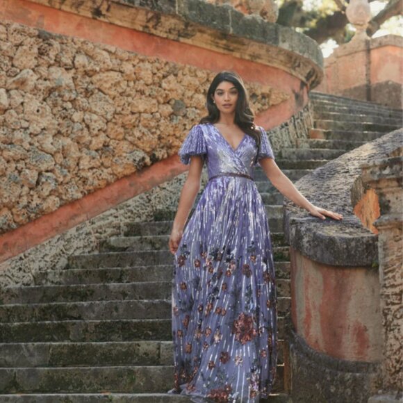 MAC DUGGAL 5637 FLORAL SEQUINS FLOUNCE V-NECK LILAC GOWN sz 6 - Picture 9 of 9